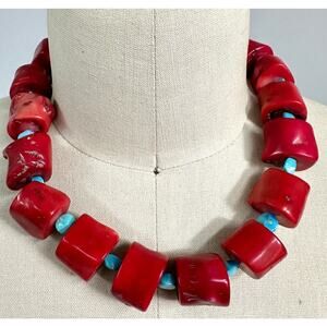 Huge Chunky Natural Red Coral & Turquoise Sterling Choker Necklace 20"